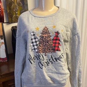 Gray Merry Christmas Sweatshirt with Patterned Trees